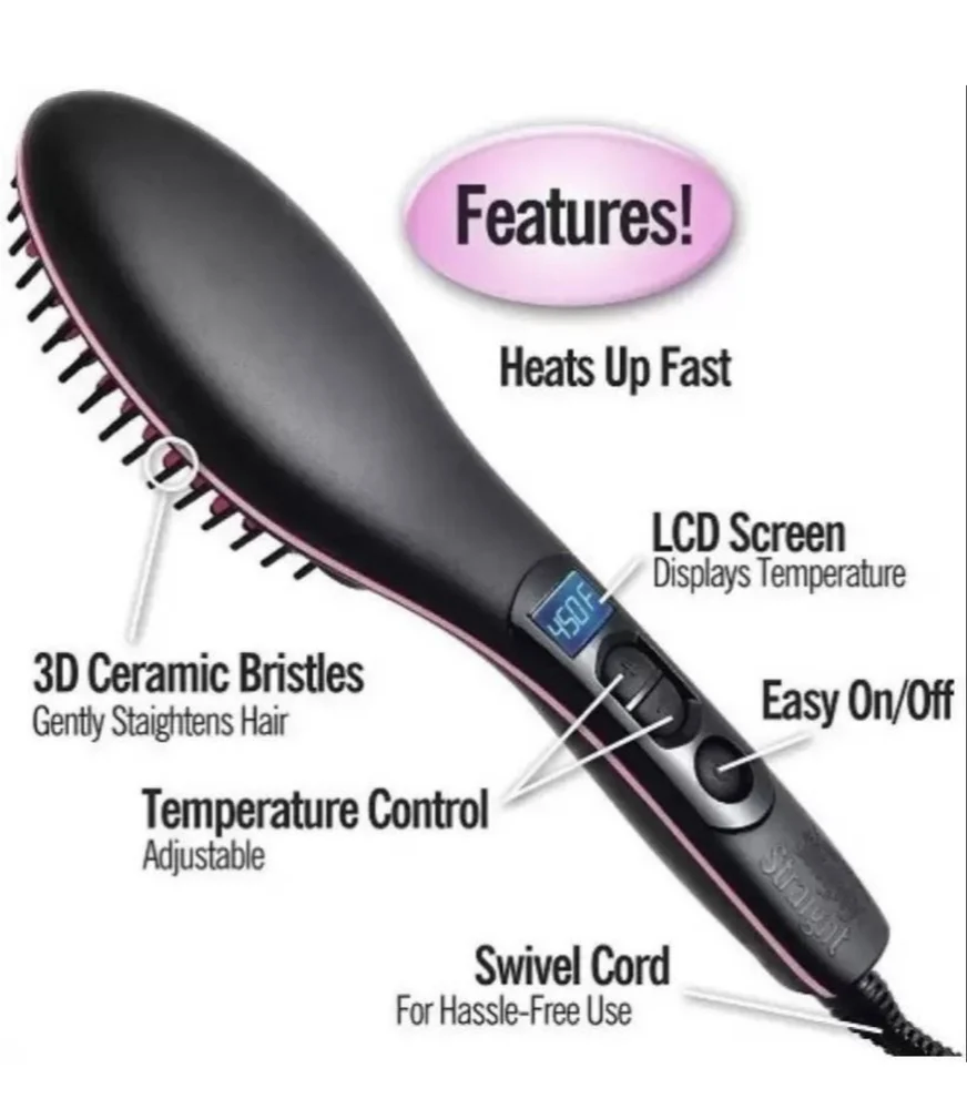 LCD kijelzős kerámia hajegyenesítő kefe, állítható hőmérséklet 230°C-ig, 3D sörték, 360°-ban forgó kábel, biztonsági rendszer, fekete/rózsaszín [3]