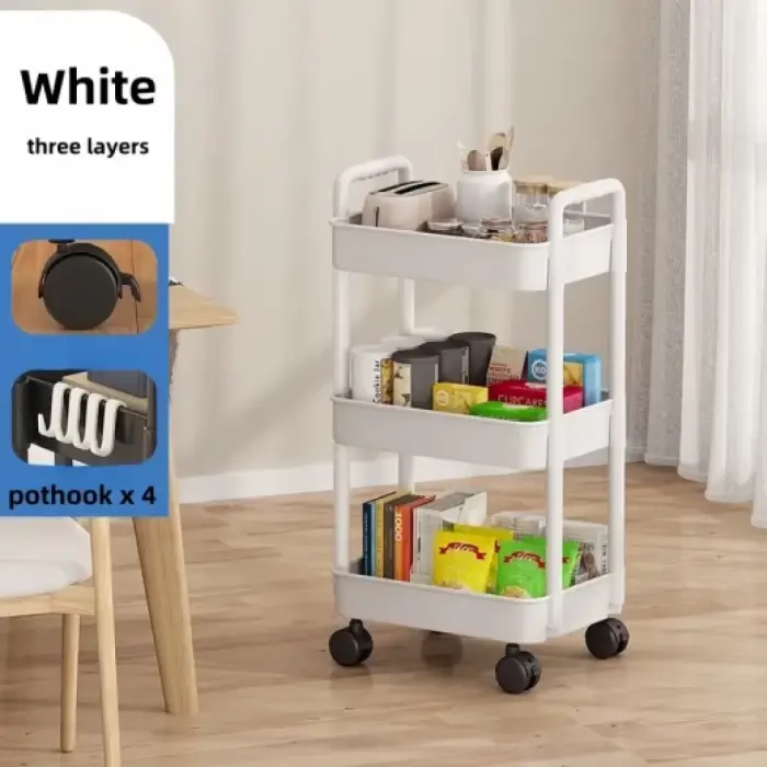 Műanyag, fehér, 3 szintes tároló kocsi kerekekkel, sokoldalú [3]