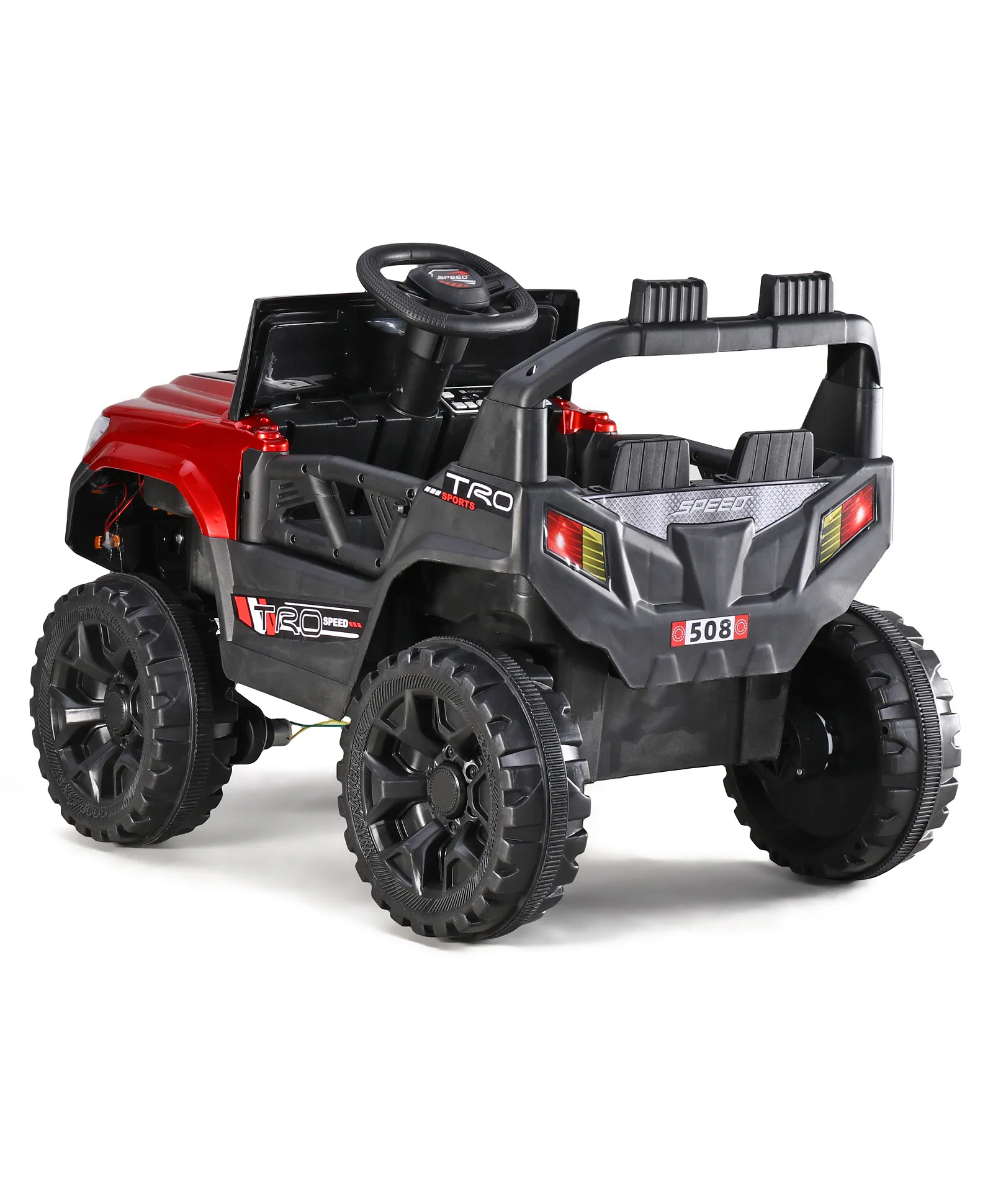 Gyermek elektromos autó Jeep, távirányítóval, Bluetooth és zene funkcióval, világító szélvédő, műanyag kerekek, 85×61×54 cm, piros [7]