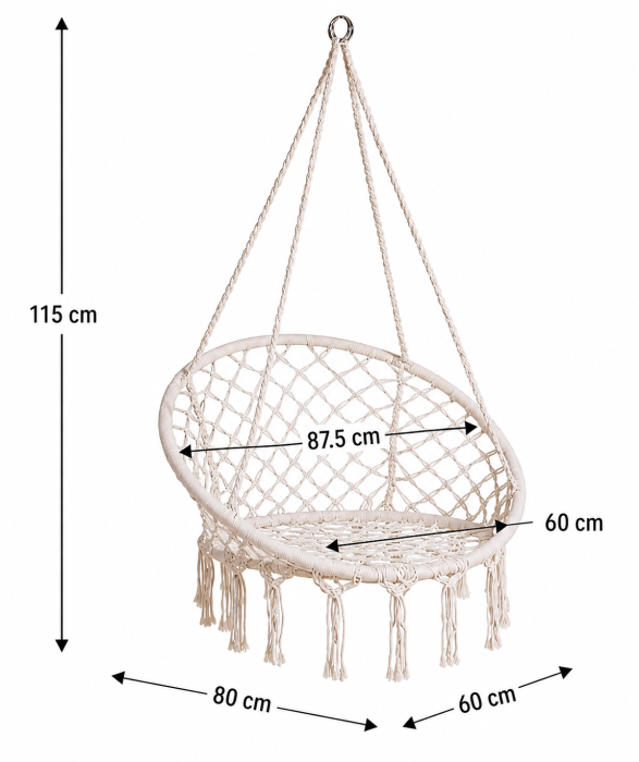 Makramé függő hintaszék, függesztett kialakítás, kényelmes és tartós design, beltéri és kültéri használatra, kertbe vagy teraszra [6]