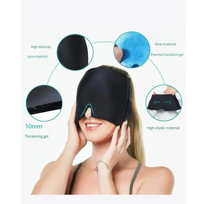 Migrénes fejmaszk hideg/meleg géllel, terápiás hatás fejfájás és feszültség ellen, univerzális méret, kényelmes anyag, fekete [6]