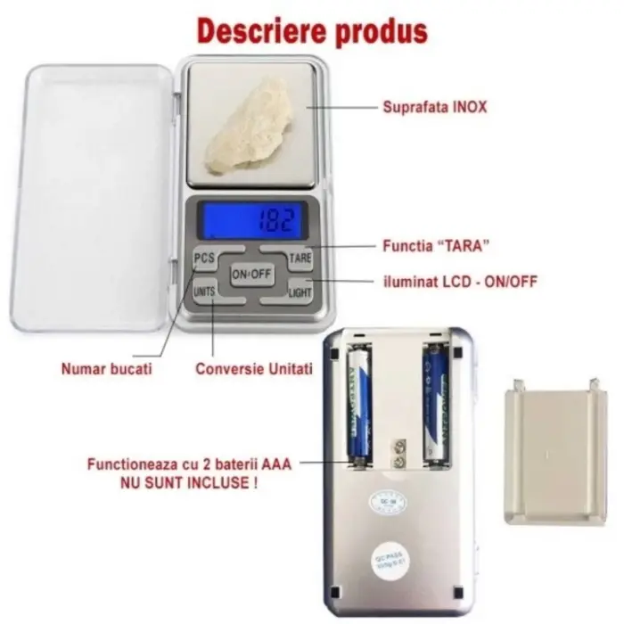 MH-500 zsebméretű ékszermérleg, 500 g, 0,1 g pontosság, TARE funkció, világító kijelző, ezüst szín [8]