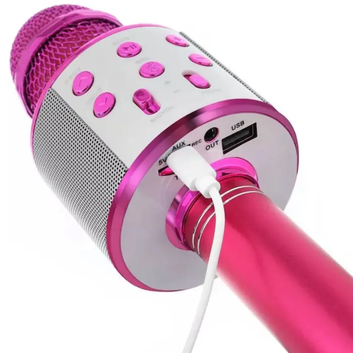 Vezeték nélküli karaoke mikrofon beépített Bluetooth hangszóróval, 6W teljesítmény, 2 hangszóró, echo/bass/treble vezérlés, hordozható kivitel [19]