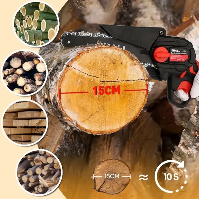 Mini elektromos láncfűrész, 48V, 550W, 2 × 1500mAh akkumulátor, 19 cm vezetősín, hordtáskával, fa vágásához, kerti munkákhoz, ergonomikus kialakítás, könnyen használható [6]