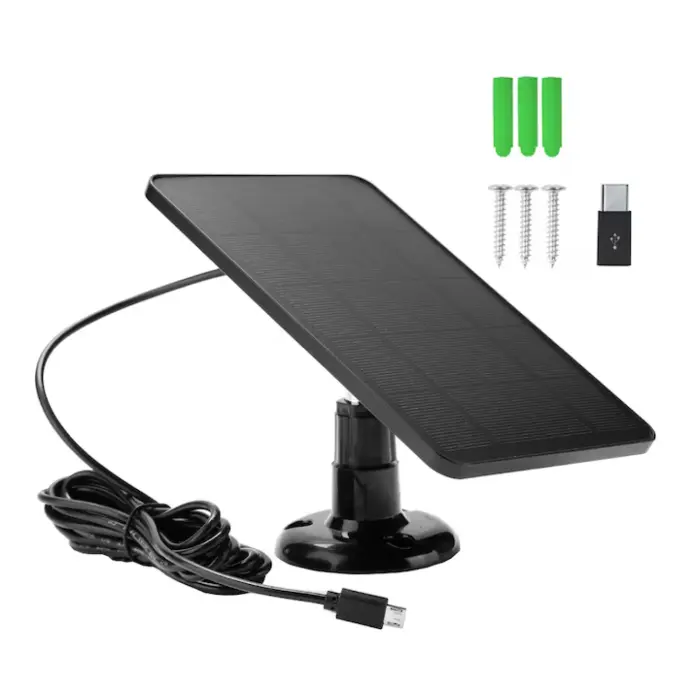 Mini Napelemes Fotovoltaikus Panel, 10W, 5V, Hordozható – Kamerákhoz és Telefon Töltéshez, 3m Kábel, Micro-USB és Type-C Adapter, Vízálló, Fekete, 175x120 mm [1]
