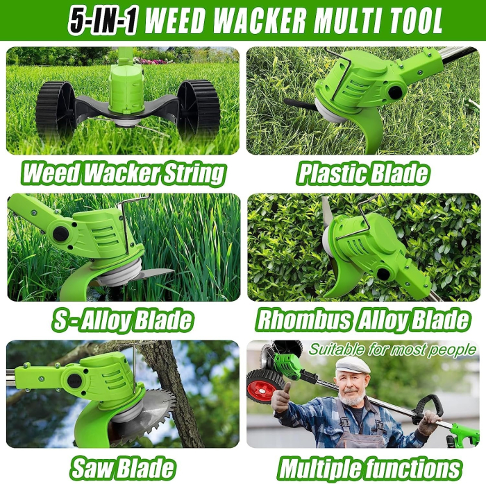 48V elektromos fűszegélynyíró 18000 RPM, 4000 mAh akkumulátor, 2 akkumulátorral, levehető kerekekkel, tárcsa + 2 penge + 5 műanyag kés [5]