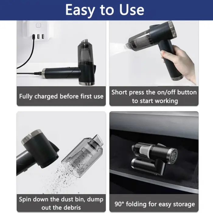 Multifunkciós Hordozható Autós Porszívó, Vezeték Nélküli, 9000Pa, 3 az 1-ben, Fekete, USB Újratölthető, Fúvókákkal és HEPA Szűrővel [6]