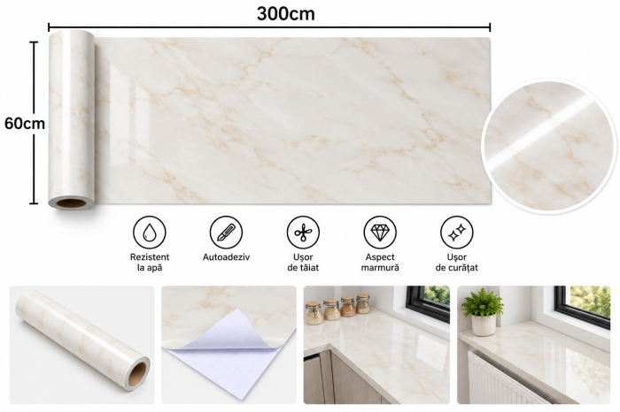 Öntapadós PVC tapéta bézs márvány mintával 60×300 cm, víz- és kopásálló, vastag és tartós, könnyű felhelyezés, falra és bútorra [1]