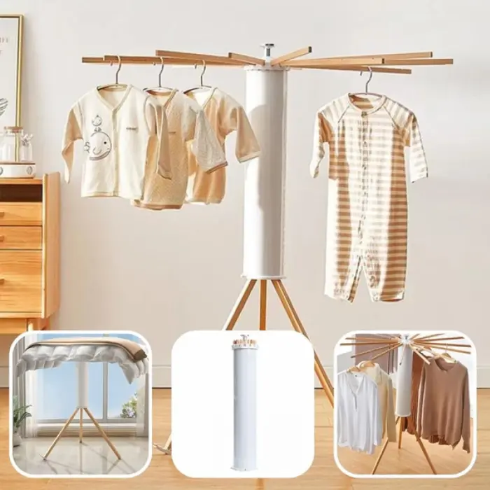 Összecsukható Fa Ruhaszárító – 16 Rúd, 360°-ban Forgatható, Állítható, UV-védelemmel, Kompakt és Tartós - Copie [3]