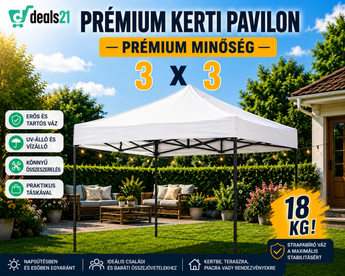 Összecsukható Pavilon Sátor 18 kg, 3x3 m, Fém Váz, Vízálló Ponyva, Udvarra, Kertbe, Eseményekre, Fehér [2]