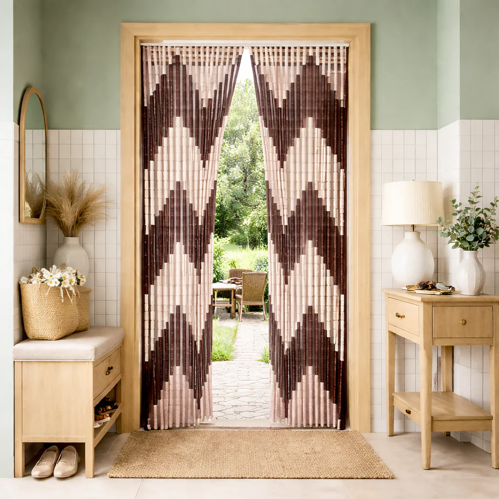 PVC gyöngyfüggöny ajtóra 100×200 cm, 32 dekoratív szalaggal, rovarvédelem, gyors telepítés, krém/barna [2]