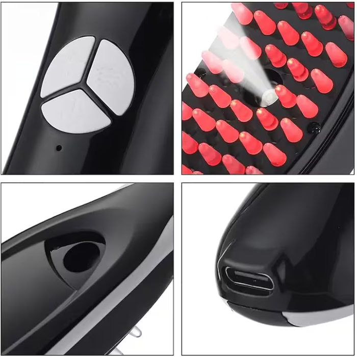 4 az 1-ben terápiás fejbőr masszírozó kefe, haj növekedés stimulálás és korpásodás csökkentés, piros/kék fény, vibráció, olajtartály, USB töltés [10]