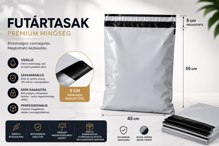 Prémium LDPE Futártasak, 45 × 55 cm + 5 cm Ragasztófül, 100 Mikron, Öntapadós, Vízálló és Szakadásálló, Szürke Külső / Fekete Belső [2]