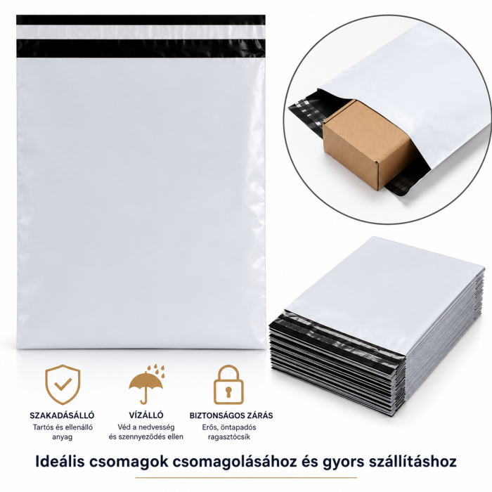Prémium LDPE Futártasak, 45 × 55 cm + 5 cm Ragasztófül, 100 Mikron, Öntapadós, Vízálló és Szakadásálló, Szürke Külső / Fekete Belső [3]