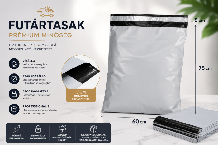 Prémium LDPE Futártasak, 60 × 75 cm + 5 cm Ragasztófül, 100 Mikron, Öntapadós, Vízálló és Szakadásálló, Szürke Külső / Fekete Belső [3]
