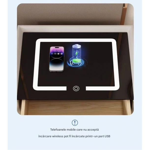 Prémium multifunkciós okos éjjeliszekrény ujjlenyomat zárral, Qi vezeték nélküli töltés, USB és USB-C, beépített Bluetooth hangszóró, 2 fiók, edzett üveg tető, 50×40×46 cm, krém [2]