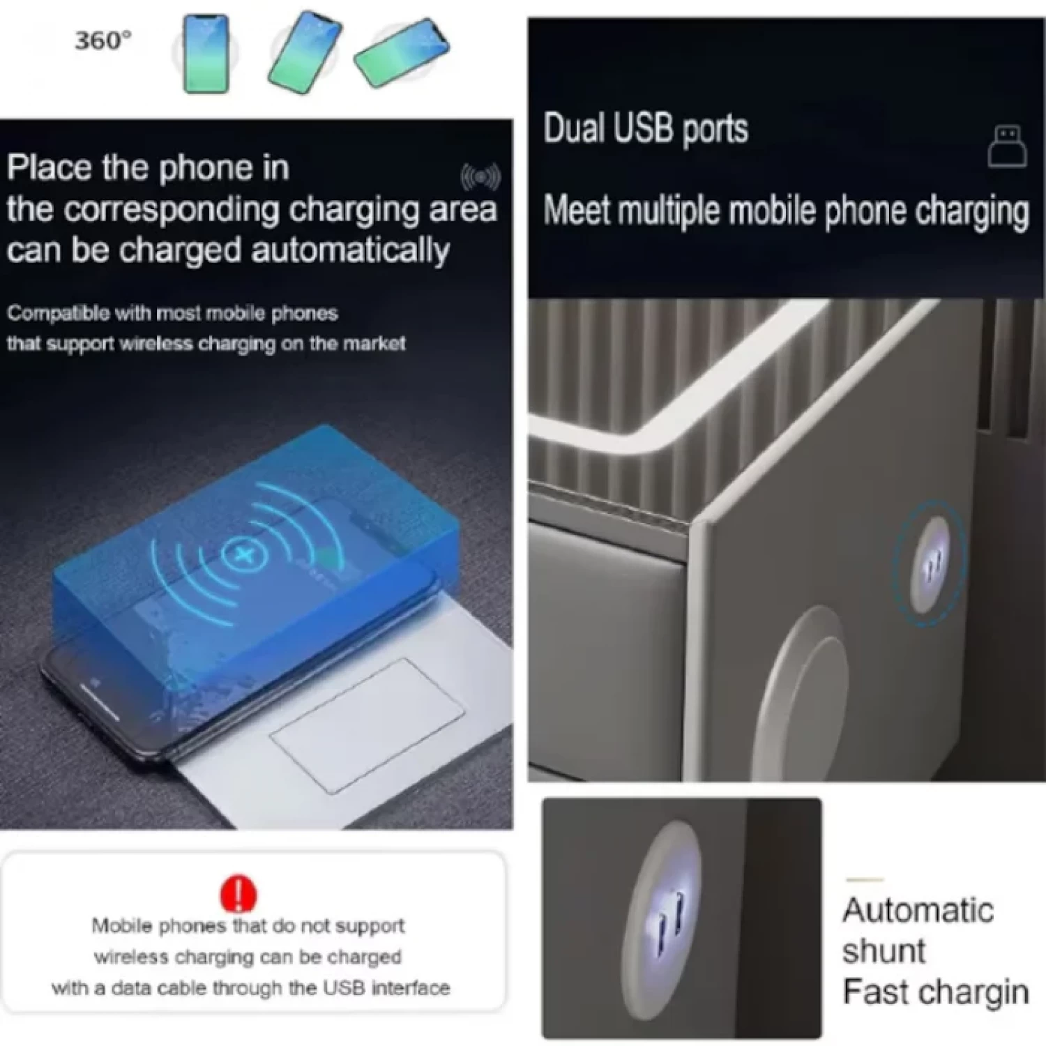 Prémium multifunkciós okos éjjeliszekrény ujjlenyomat zárral, Qi vezeték nélküli töltés, USB és USB-C, beépített Bluetooth hangszóró, 2 fiók, edzett üveg tető, 50×40×46 cm, sötétszürke [2]