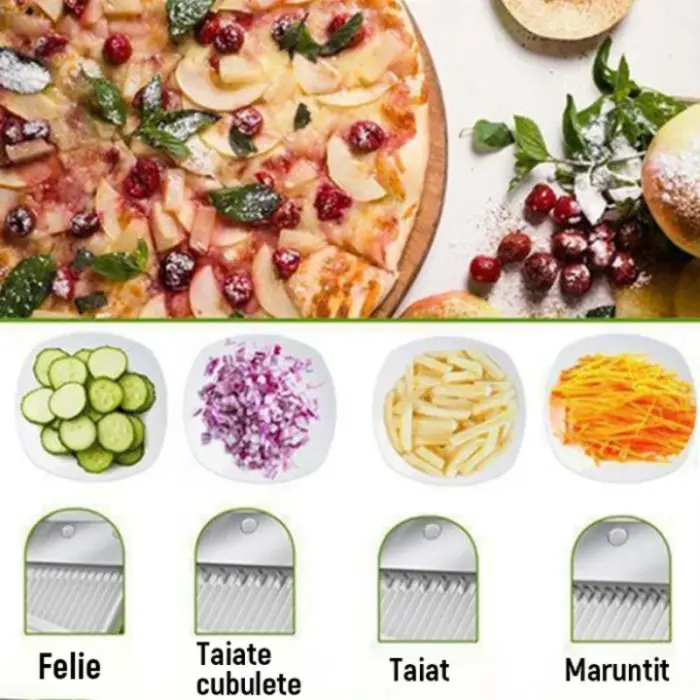 Prémium multifunkciós zöldségszeletelő, 30 féle vágási mód, beépített rozsdamentes acél pengék, 0,5–8 mm vastagságállítás, kompakt és biztonságos [7]