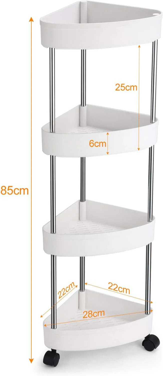 4 Szintes Sarokpolc Fürdőszobába, 90 × 34 cm, Műanyag, Multifunkciós Kialakítás, Gurulós Tároló, Fürdőszobai Rendszerező, Fehér [5]