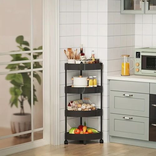 4 Szintes Sarokpolc Fürdőszobába, 90 × 34 cm, Műanyag, Multifunkciós Kialakítás, Gurulós Tároló, Fürdőszobai Rendszerező, Fekete [4]