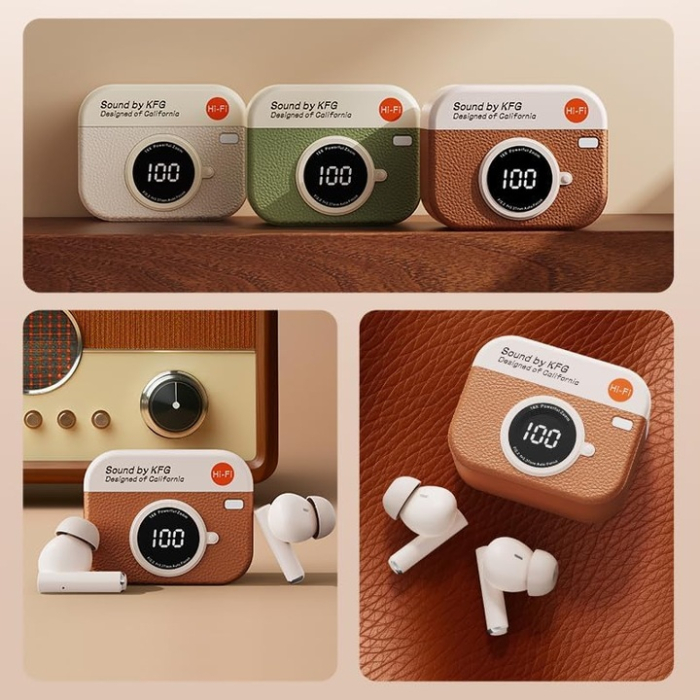 Retro stílusú vezeték nélküli fülhallgató, narancssárga, Bluetooth 5.4, aktív zajszűrés (ANC), vízálló kamera dizájn, digitális kijelző, érintésvezérlés, prémium sztereó hang [3]