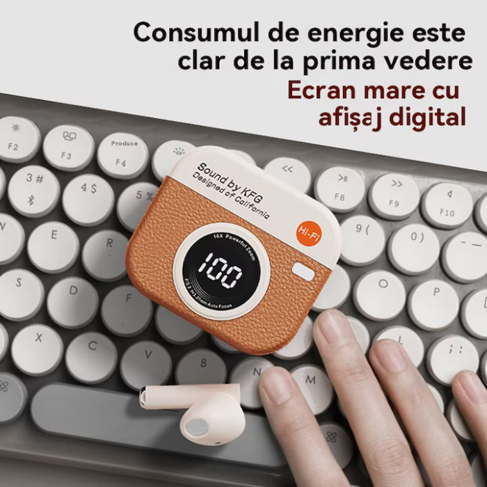 Retro stílusú vezeték nélküli fülhallgató, narancssárga, Bluetooth 5.4, aktív zajszűrés (ANC), vízálló kamera dizájn, digitális kijelző, érintésvezérlés, prémium sztereó hang [5]