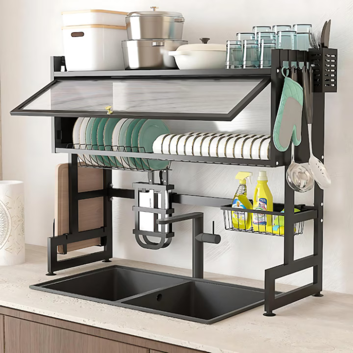 Rozsdamentes acél edényszárító – 75 cm, korrózióálló szerkezet, hatékony rendszerezés, fekete [3]