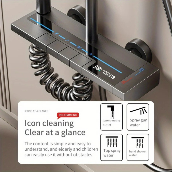 Digitális Kijelzős Zuhanyszett, Víztakarékos Technológia, Állítható Telepítés, Tartós Alumínium és Réz Szerkezet, Modern Világosszürke Dizájn [4]