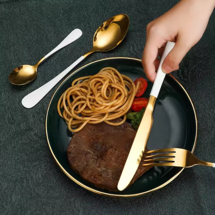 24 Részes Evőeszköz Készlet 6 Személyre, Arany/Fehér Rozsdamentes Acél, Recés Kések, Villák és Kanalak, Karcsú és Elegáns, Luxus Kivitel [3]