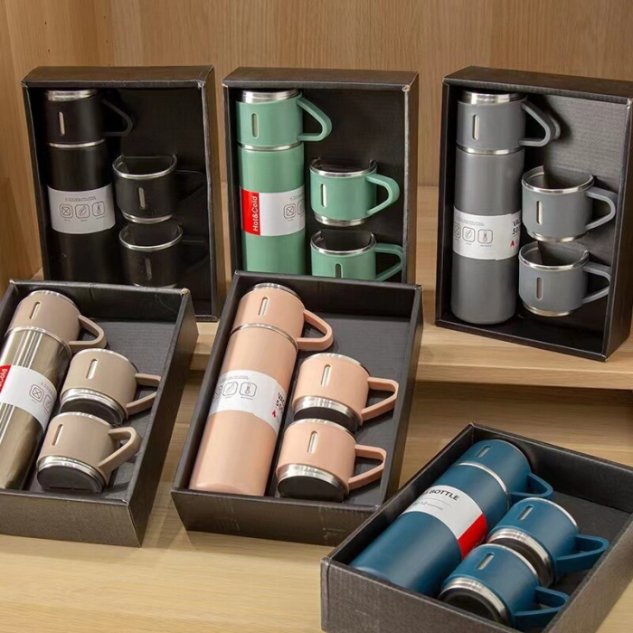 4 Részes Termosz Szett, 500 ml + 3 x 150 ml Csésze, Kompakt Kialakítás, Ideális Utazáshoz, Több Színben, fekete [2]