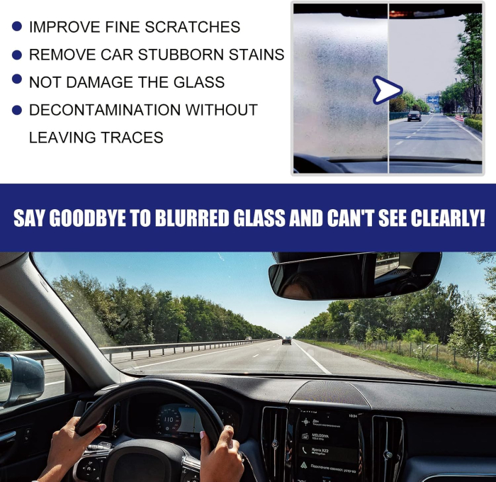 Autó üvegtisztító folyadék, eltávolítja a foltokat és finom karcokat, esőtaszító és páramentesítő hatás, szélvédőhöz és üvegfelületekhez [4]