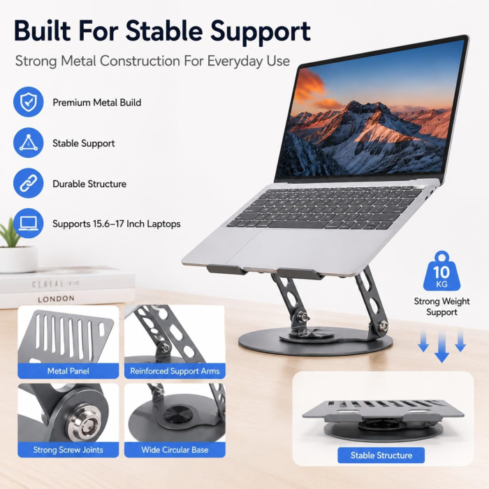 Ergonomikus Fém Laptopállvány, Állítható és Összecsukható Kialakítás, 360°-ban Forgatható Talppal és Csúszásgátló Szilikon Betétekkel, 15,6–17 Hüvelykes Laptopokhoz, Matt Szürke [6]