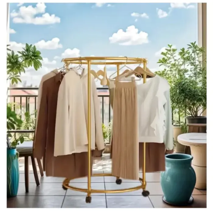 Kerek ruhatartó állvány görgőkkel – 130 cm rúddal, 40 kg teherbírás, krómozott rozsdamentes acél, elegáns arany dizájn [5]