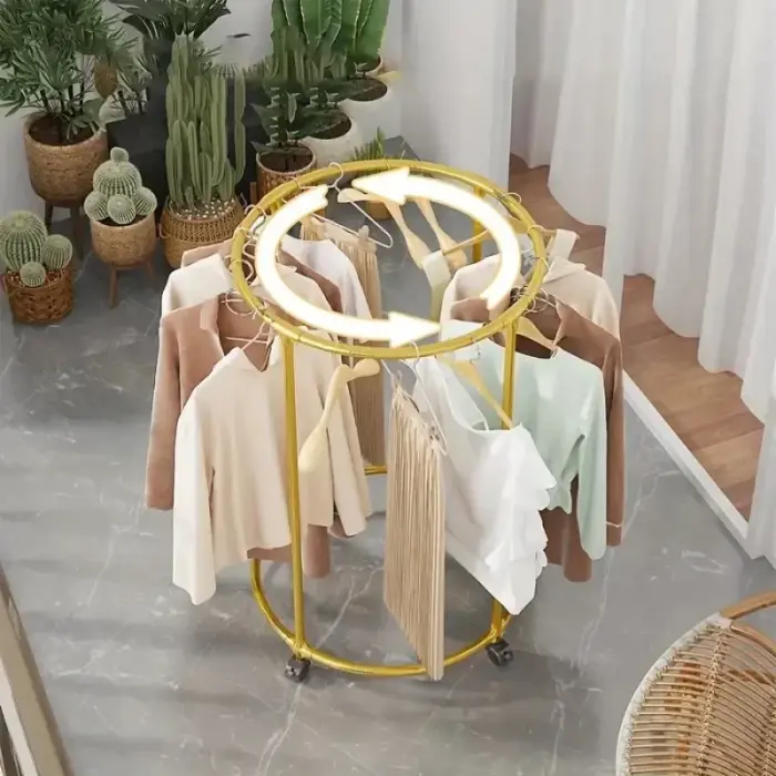 Kerek ruhatartó állvány görgőkkel – 130 cm rúddal, 40 kg teherbírás, krómozott rozsdamentes acél, elegáns arany dizájn [4]