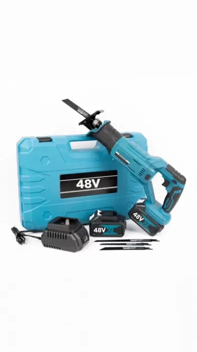 Szablyafűrész, 2 × 48V 5000 mAh akkumulátorral, önzáró tokmánnyal, 4 különböző fűrészlappal, 1 töltővel, kompakt hordtáskával, kék színben [6]