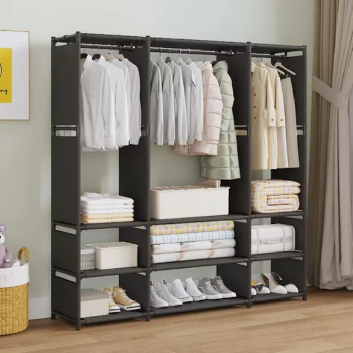 Textil Ruhásszekrény Akasztórúddal és Tárolópolcokkal, 130 × 36 × 170 cm, Fémvázas, Vízlepergető és Porálló Textilhuzattal, Könnyű Összeszerelés, Fekete [7]