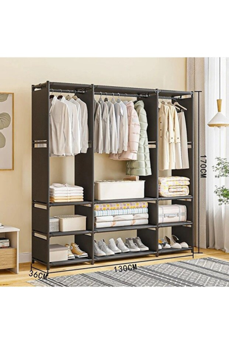 Textil Ruhásszekrény Akasztórúddal és Tárolópolcokkal, 130 × 36 × 170 cm, Fémvázas, Vízlepergető és Porálló Textilhuzattal, Könnyű Összeszerelés, Fekete [2]