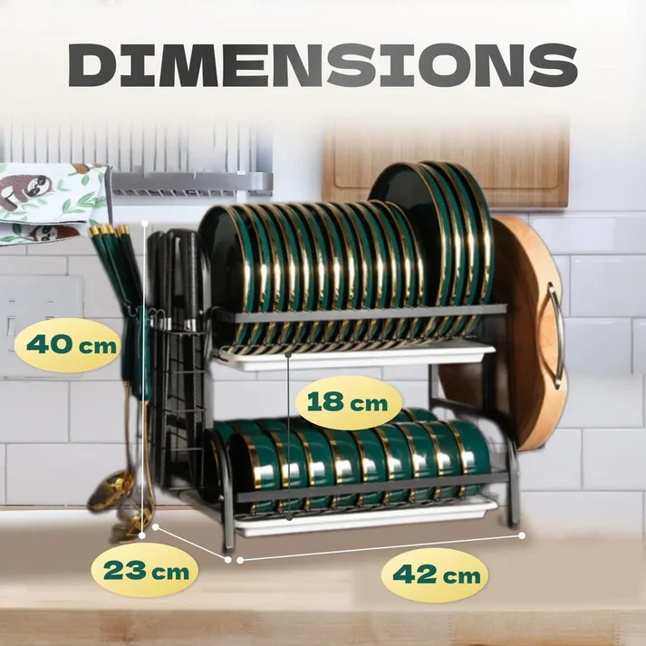 2 szintes konyhai edényszárító, tányér- és evőeszköz rendszerező, fém és tartós műanyag szerkezet, kompakt helytakarékos design, fekete [2]