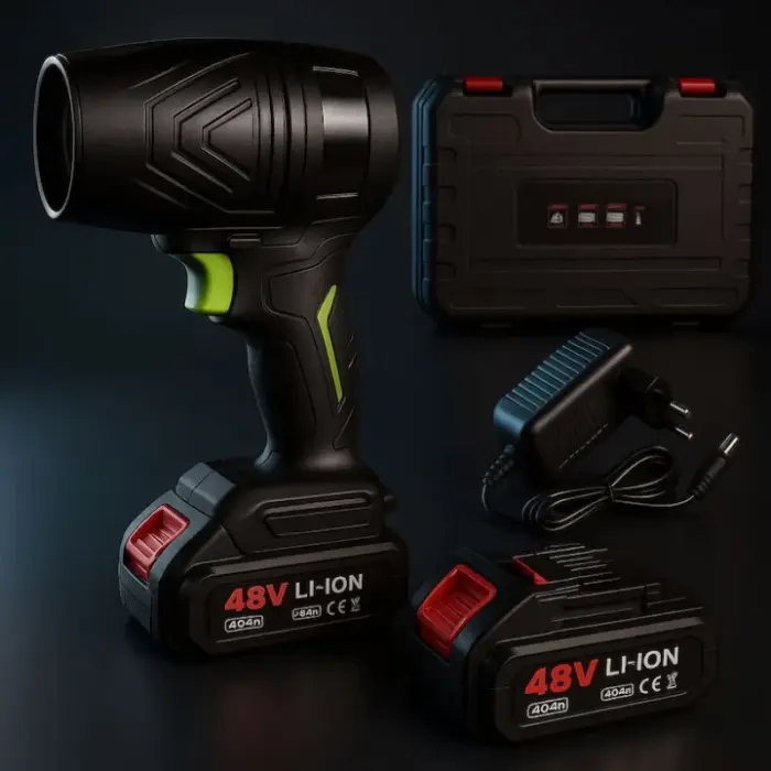 Vezeték nélküli hordozható légfúvó, kb. 1000 W, 150 000 RPM, 2 × 48 V akkumulátorral és töltővel, többcélú használatra, fekete [3]