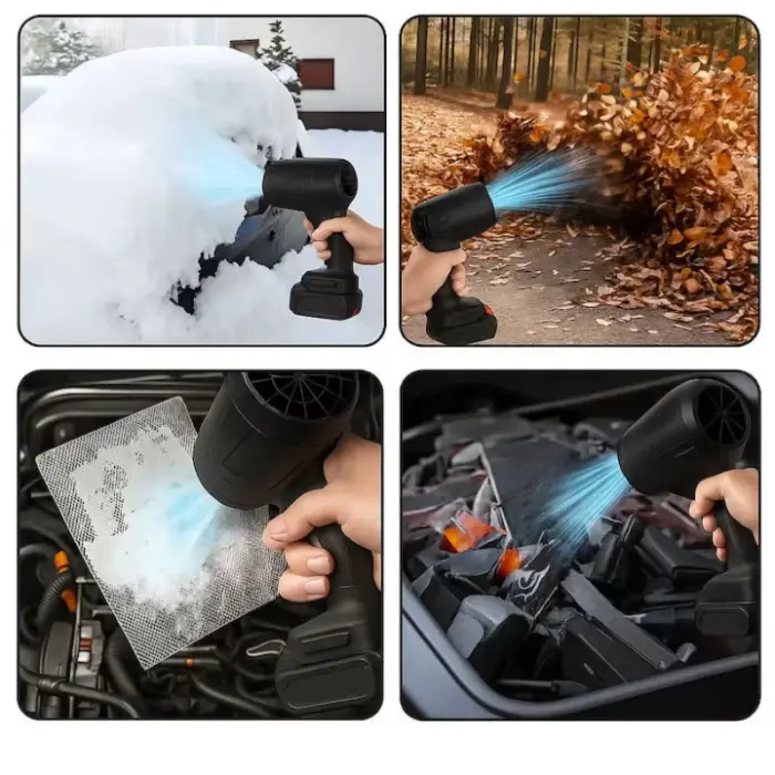 Vezeték nélküli hordozható légfúvó, kb. 1000 W, 150 000 RPM, 2 × 48 V akkumulátorral és töltővel, többcélú használatra, fekete [5]