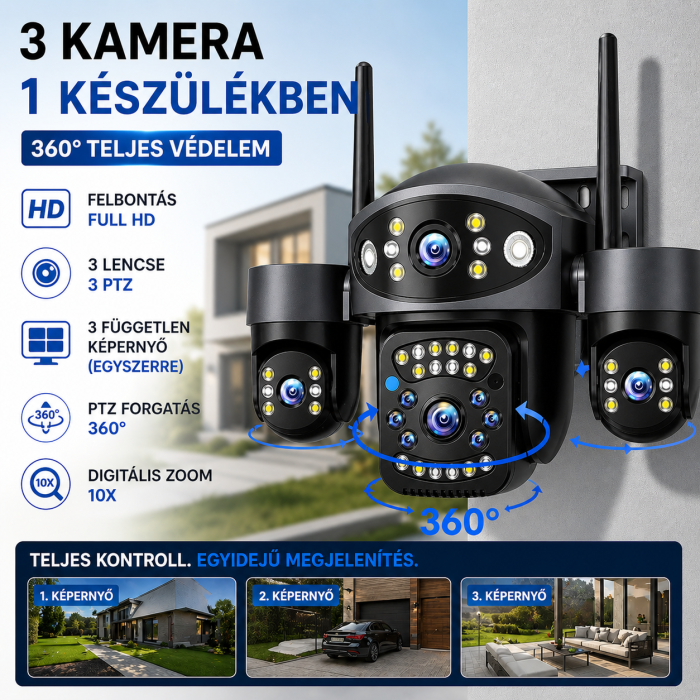 WiFi Full HD kültéri megfigyelő kamera, 3 lencsével, 360° PTZ, 10X zoom, AI automatikus követés, színes éjjellátás, kétirányú hang [2]
