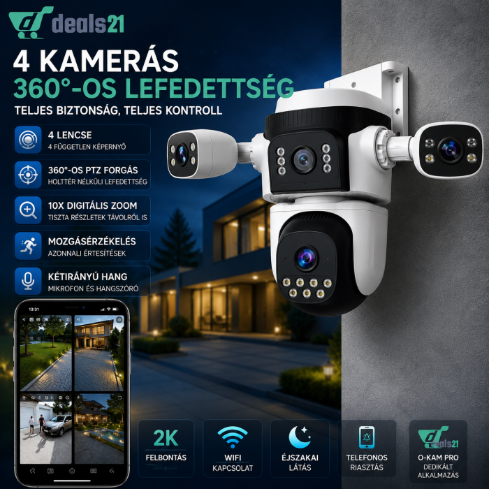 WiFi Megfigyelő Kamera 4 Állítható Lencsével, 360°, Telefonról Irányítható, Spotlight, Kétirányú Hang [2]