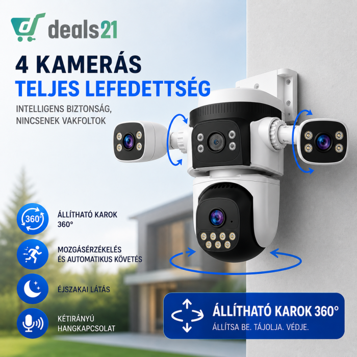 WiFi Megfigyelő Kamera 4 Állítható Lencsével, 360°, Telefonról Irányítható, Spotlight, Kétirányú Hang [3]