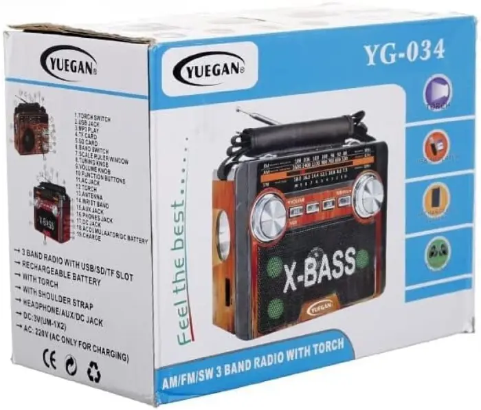 Yuegan YG-034 hordozható rádió retro dizájnnal, AM/FM támogatással, MP3 funkcióval, USB/SD/TF kompatibilis, fejhallgatóval használható, újratölthető akkumulátorral – ideális otthoni és utazási használ [4]