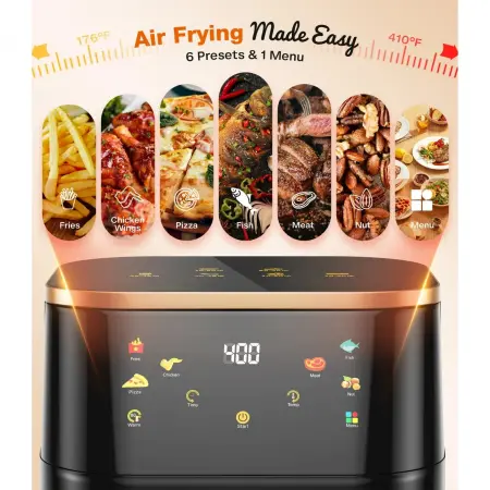 10 L forrólevegős fritőz Airfryer, 2400 W, olaj nélküli, 10 előre beállított program, digitális LED kijelző, állítható hőmérséklet 80–200°C, automatikus kikapcsolás, üvegbetétes edény, rozsdamentes ac [1]