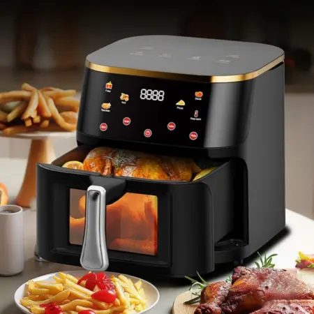 Otthon és Konyha - 10 L forrólevegős fritőz Airfryer, 2400 W, olaj nélküli, 10 előre beállított program, digitális LED kijelző, állítható hőmérséklet 80–200°C, automatikus kikapcsolás, üvegbetétes edény, rozsdamentes ac