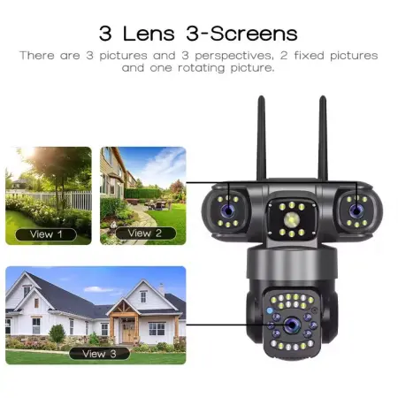 12MP 4G Hármas Biztonsági Kamera, 3 Képernyő, 10x Zoom, 1490° Kombinált Látószög, Színes Éjjellátás, IP66, Mozgásérzékelő, Kétirányú Hang, 5dBi Antenna, PTZ Vezérlés, Automatikus Követés, Előre Beállí [9]