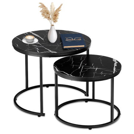 Otthon és Konyha - 2 az 1-ben Dohányzóasztal Szett, Fekete Márvány Hatású Asztallap, Matt Fekete Acél Váz, 53x43 cm, 30 kg Teherbírás, Egymásba Tolható Asztalok, Modern és Kompakt Dizájn