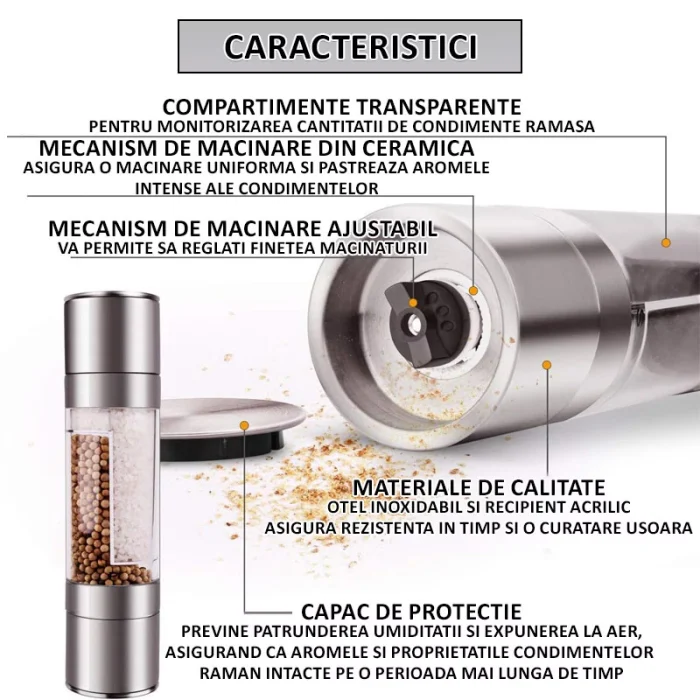 2 az 1-ben kézi só- és borsőrlő – állítható szemcseméret, kerámia mechanizmus, átlátszó rekeszek, rozsdamentes acél, ezüst [7]
