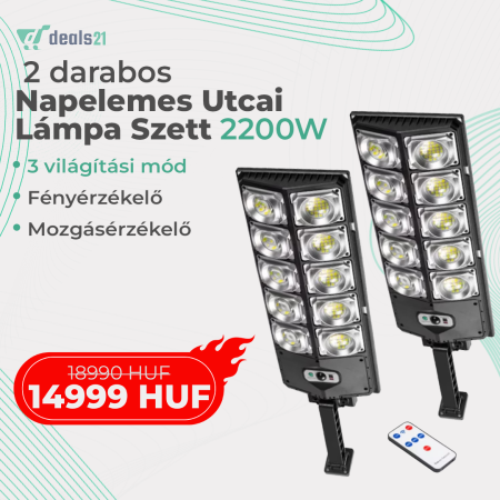 Napelemek és napelemes reflektorok - 2 darabos készlet – 2200 W-os napelemes utcai lámpa, 3 világítási mód, fény- és mozgásérzékelővel, távirányítóval, fekete, W789A-5